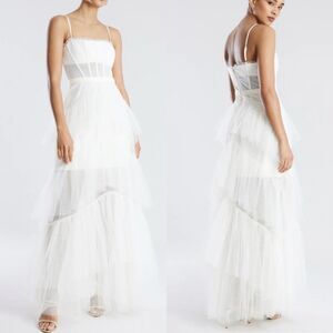 BCBGMAXAZRIA Oly Size 6 Tiered Ruffle Tulle Evening Gown Ivory/Gardenia